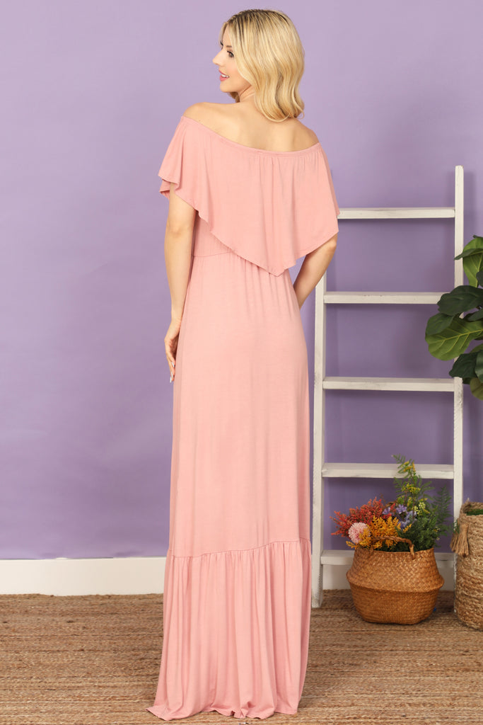 Off Shoulder Ruffle Detail Floor Length Solid Dress