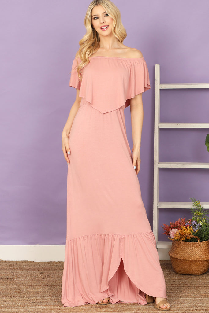 Off Shoulder Ruffle Detail Floor Length Solid Dress