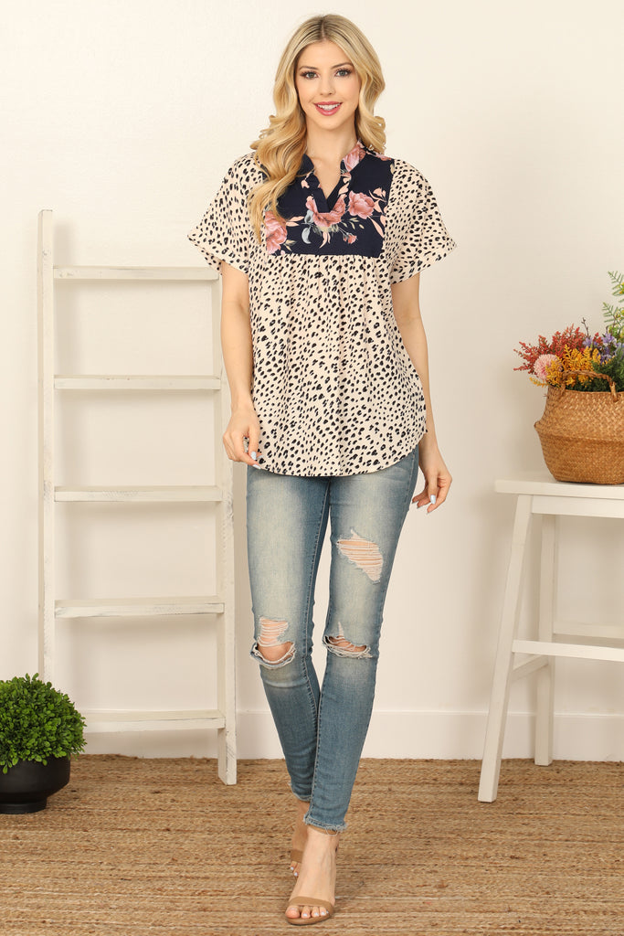 Floral Notch Neck Short Sleeve Animal Print Top