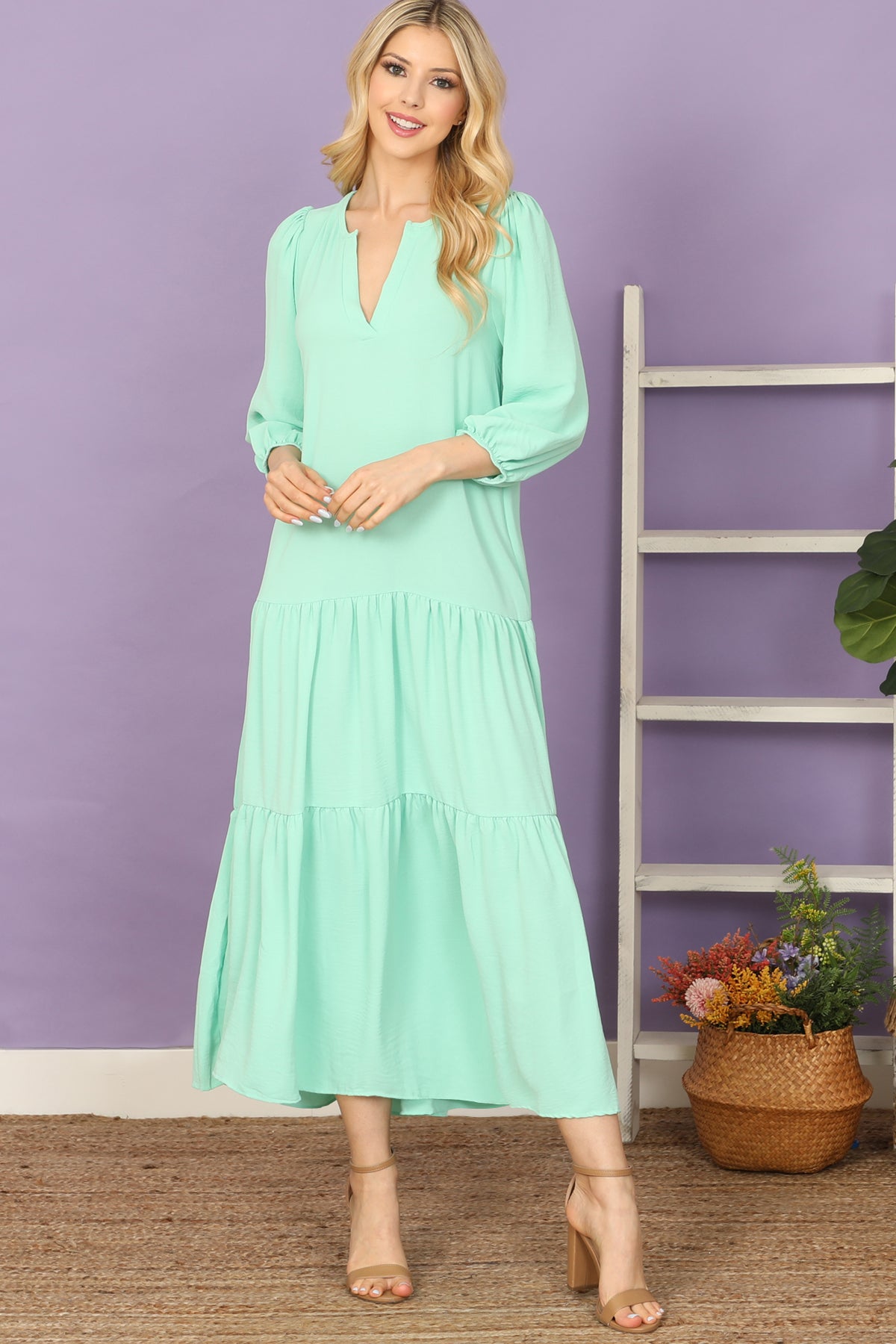 Notch Neck Long Sleeve Tiered Ruffle Solid Maxi Dress – Riah