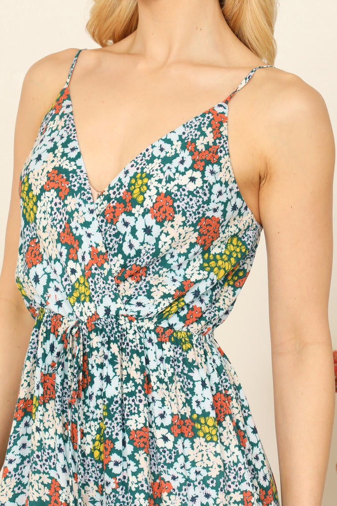 Spaghetti Strap V-Neck Ruffle Detail Floral Romper