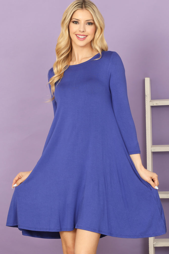 Solid Boat Neck Quarter Sleeve Side Pocket Dress