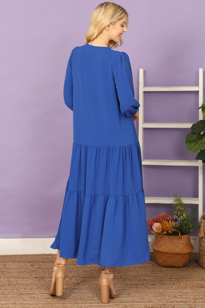 Notch Neck Long Sleeve Tiered Ruffle Solid Maxi Dress