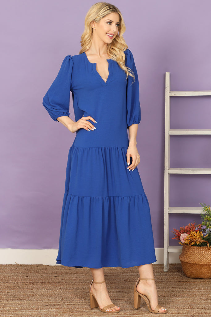 Notch Neck Long Sleeve Tiered Ruffle Solid Maxi Dress