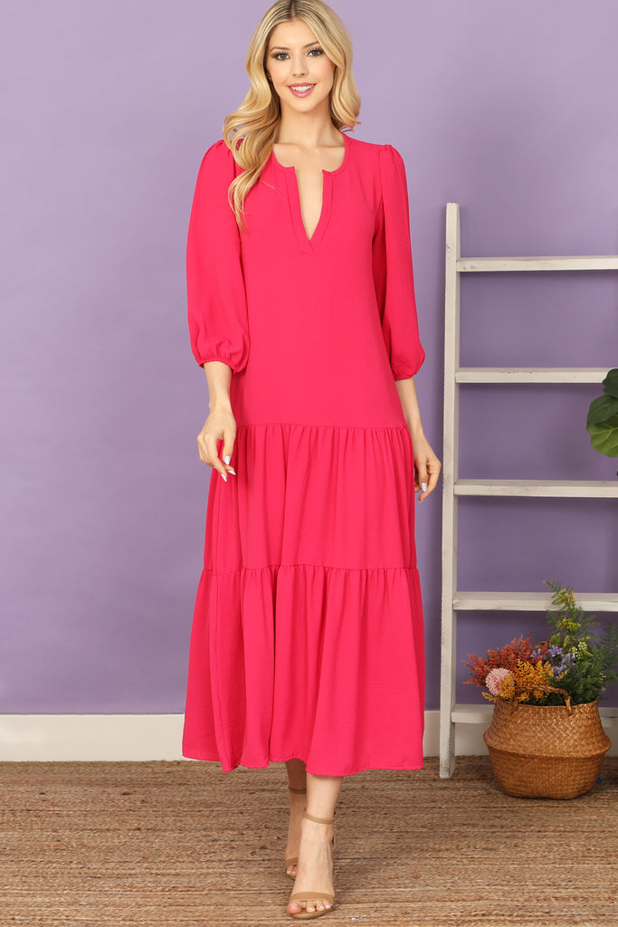 Notch Neck Long Sleeve Tiered Ruffle Solid Maxi Dress