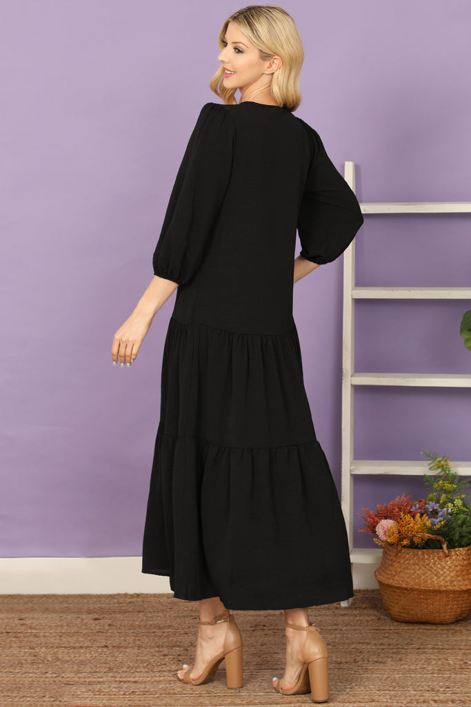 Notch Neck Long Sleeve Tiered Ruffle Solid Maxi Dress