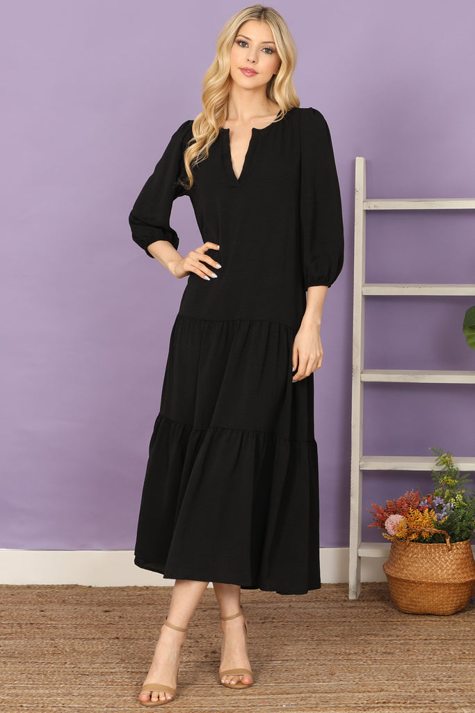 Notch Neck Long Sleeve Tiered Ruffle Solid Maxi Dress