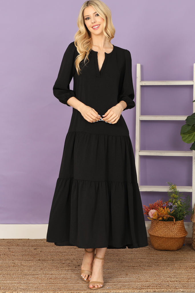 Notch Neck Long Sleeve Tiered Ruffle Solid Maxi Dress