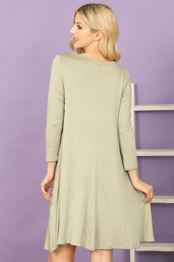 Solid Boat Neck Quarter Sleeve Side Pocket Dress