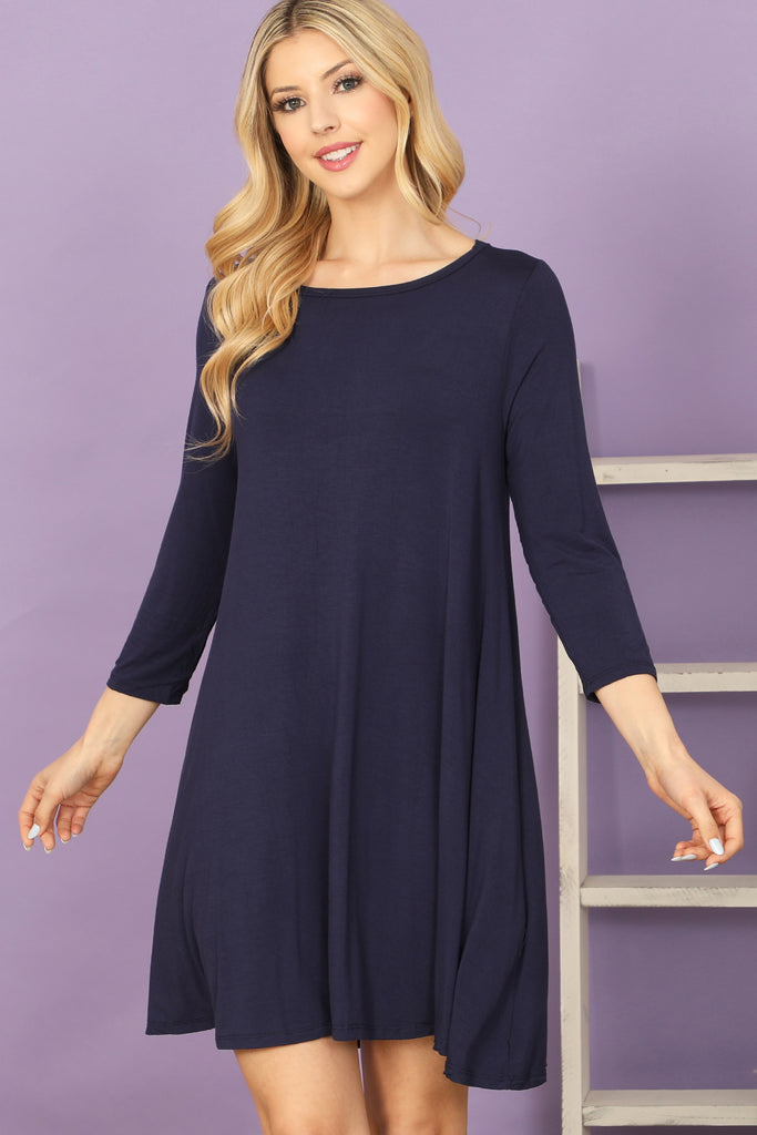 Solid Boat Neck Quarter Sleeve Side Pocket Dress