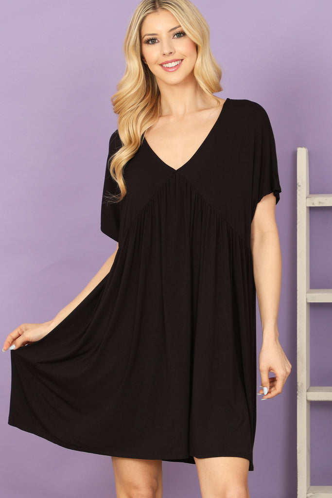 V-Neck Short Sleeve Pleated Detail Solid Mini Dress Riah Fashion V-Neck Short Sleeve Pleated Detail Solid Mini Dress Riah Fashion