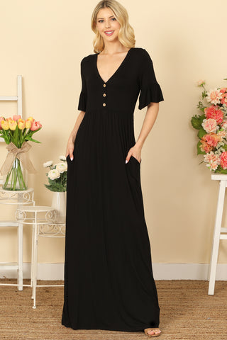 SHORT SLEEVE ROUND NECK PLEATED WAIST SOLID MAXI DRESS