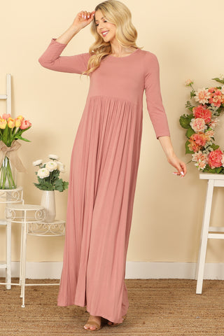 V-NECK HALF SLEEVE RUFFLE DETAIL PLEATED MAXI DRESS