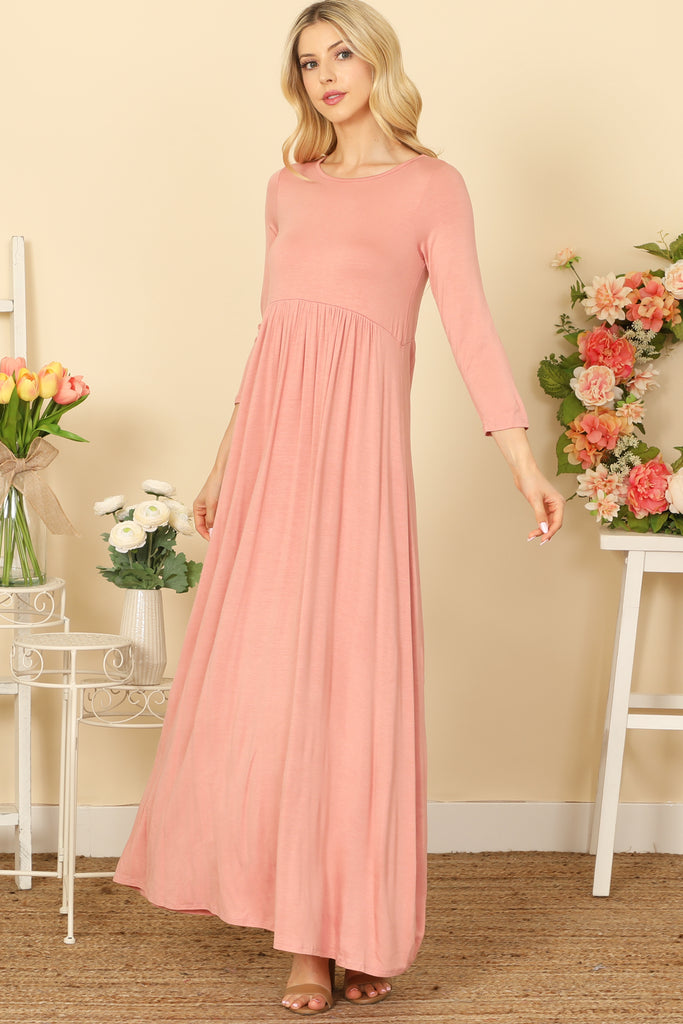 QUARTER SLEEVE PLEATED WAIST SOLID MAXI DRESS