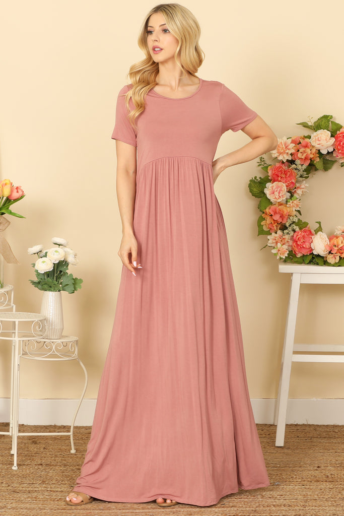 SHORT SLEEVE ROUND NECK PLEATED WAIST SOLID MAXI DRESS