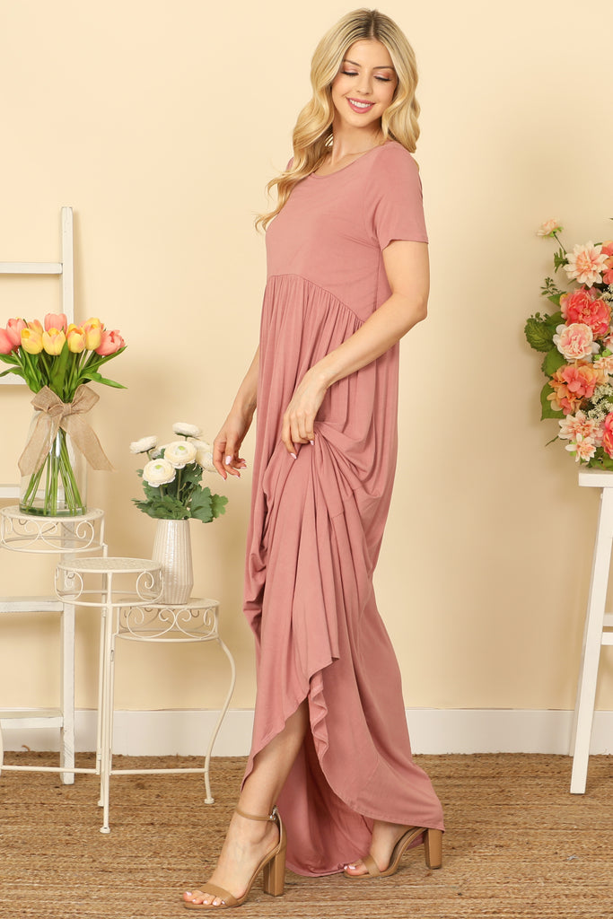 SHORT SLEEVE ROUND NECK PLEATED WAIST SOLID MAXI DRESS