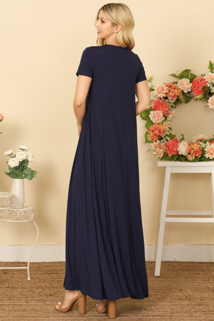 SHORT SLEEVE ROUND NECK PLEATED WAIST SOLID MAXI DRESS