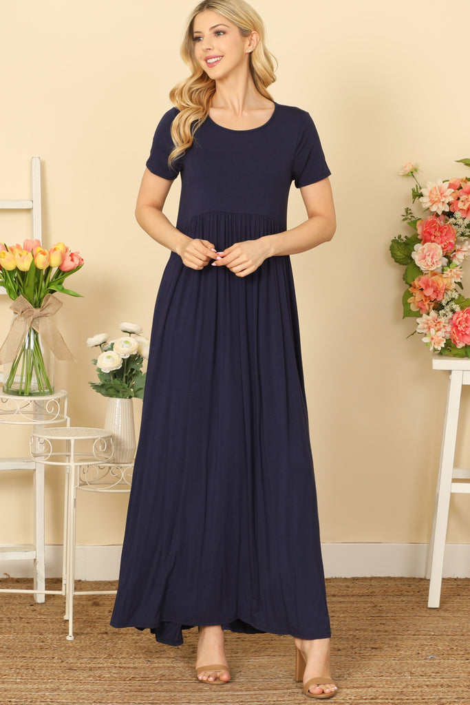 SHORT SLEEVE ROUND NECK PLEATED WAIST SOLID MAXI DRESS