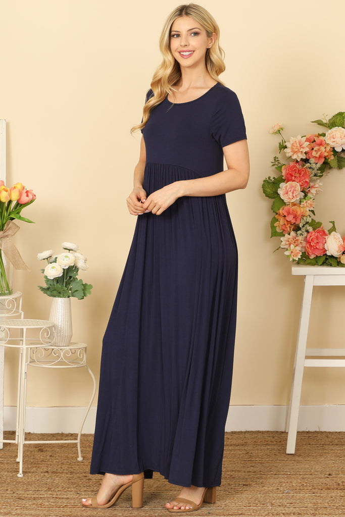 SHORT SLEEVE ROUND NECK PLEATED WAIST SOLID MAXI DRESS