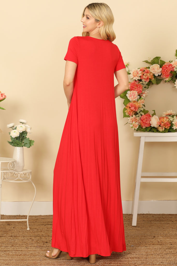 SHORT SLEEVE ROUND NECK PLEATED WAIST SOLID MAXI DRESS