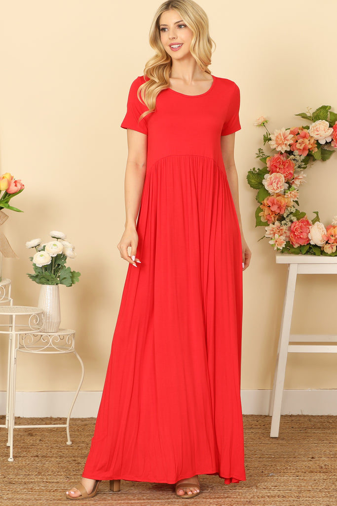 SHORT SLEEVE ROUND NECK PLEATED WAIST SOLID MAXI DRESS