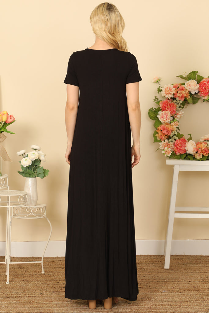 SHORT SLEEVE ROUND NECK PLEATED WAIST SOLID MAXI DRESS