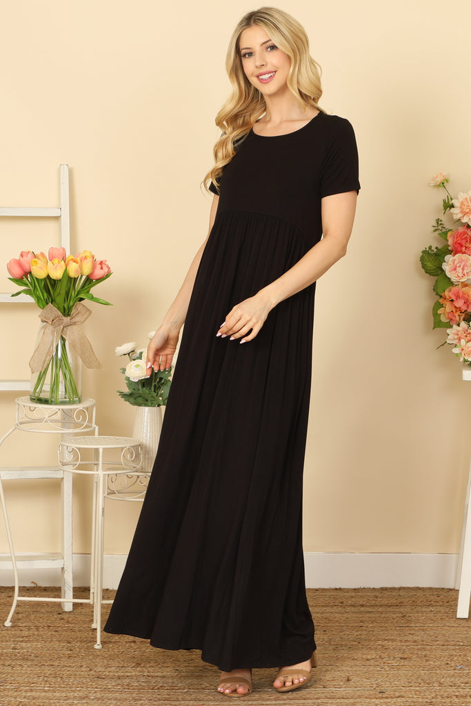 SHORT SLEEVE ROUND NECK PLEATED WAIST SOLID MAXI DRESS