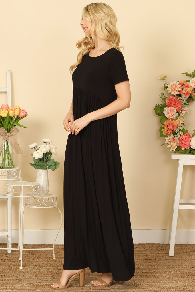 SHORT SLEEVE ROUND NECK PLEATED WAIST SOLID MAXI DRESS