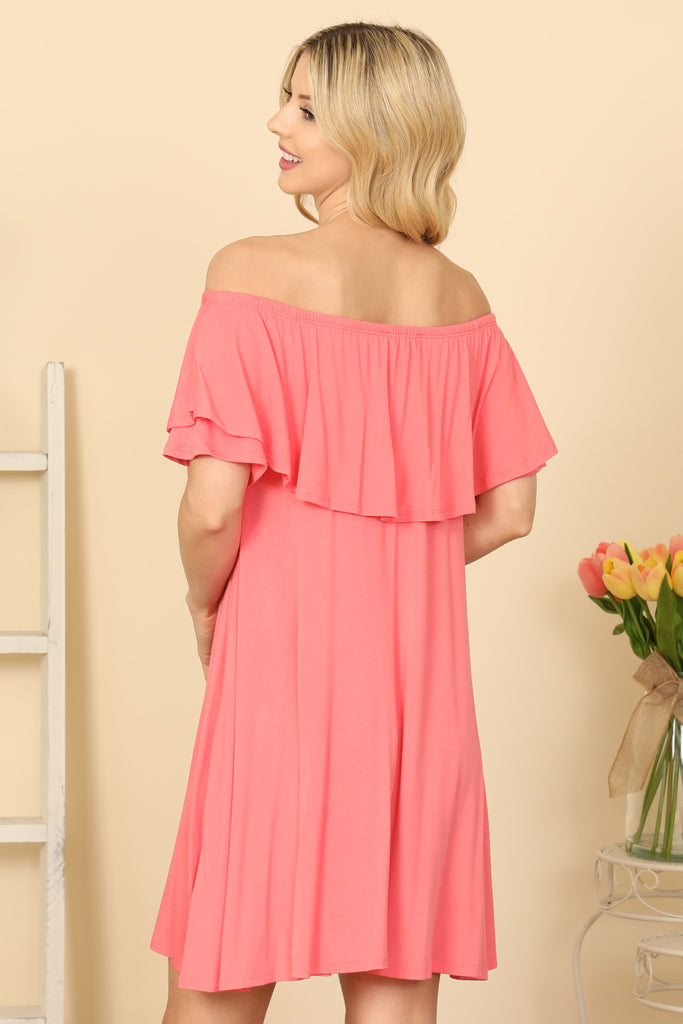 RUFFLE OFF SHOULDER SOLID DRESS