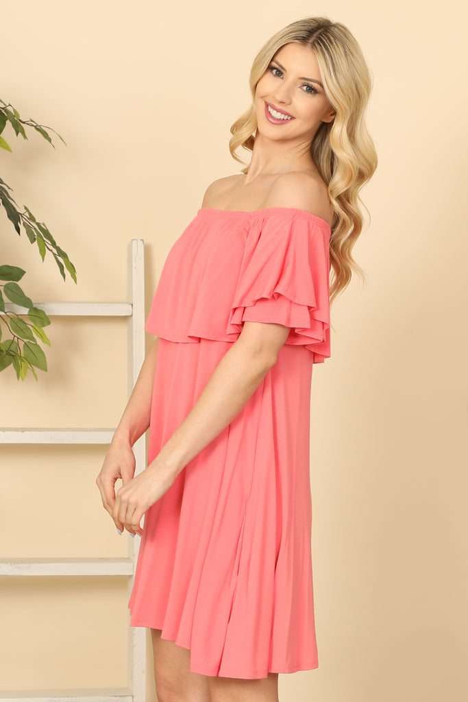 RUFFLE OFF SHOULDER SOLID DRESS