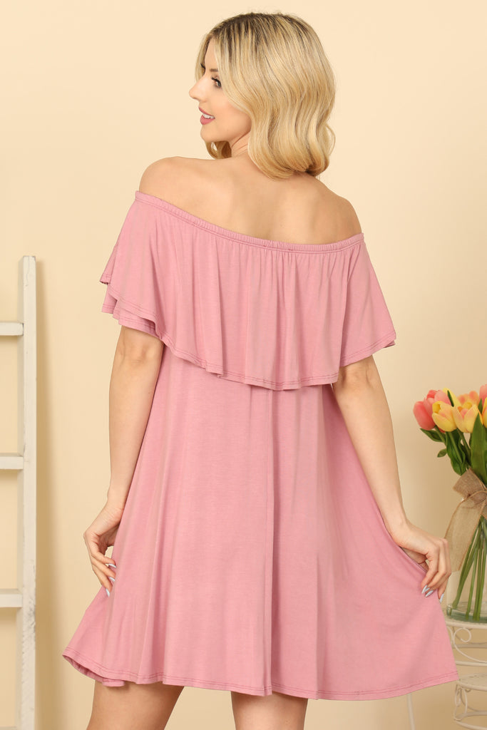 RUFFLE OFF SHOULDER SOLID DRESS