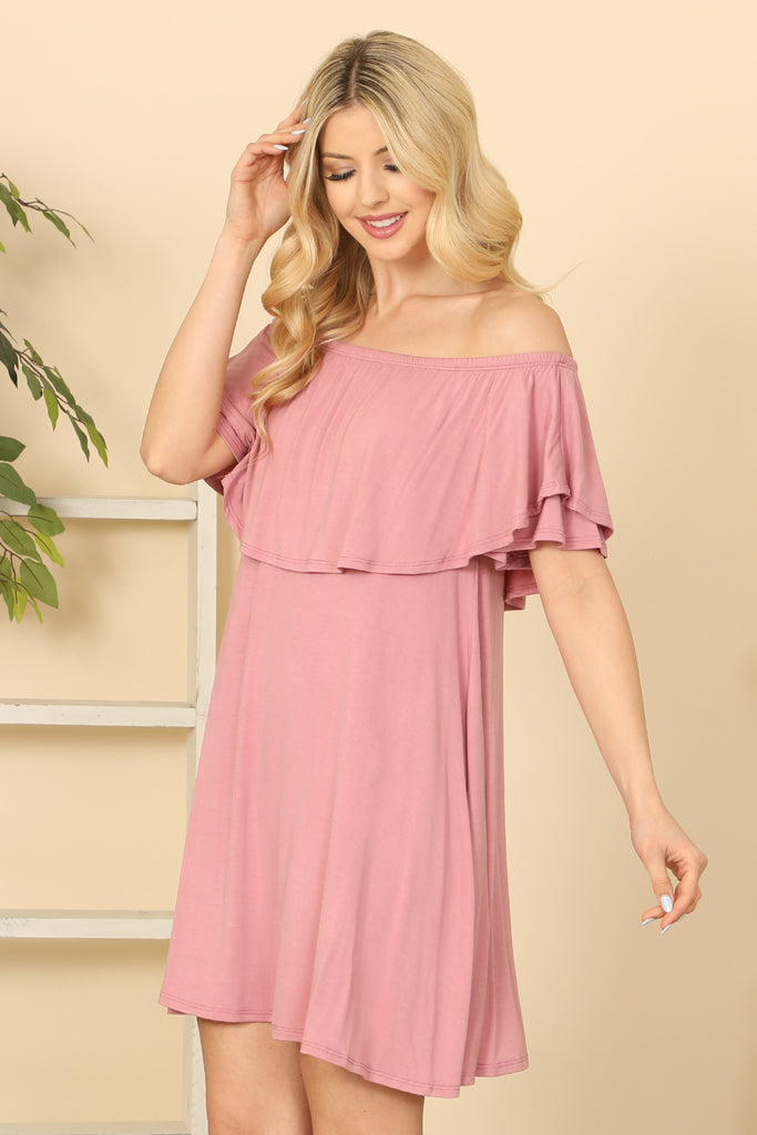 RUFFLE OFF SHOULDER SOLID DRESS