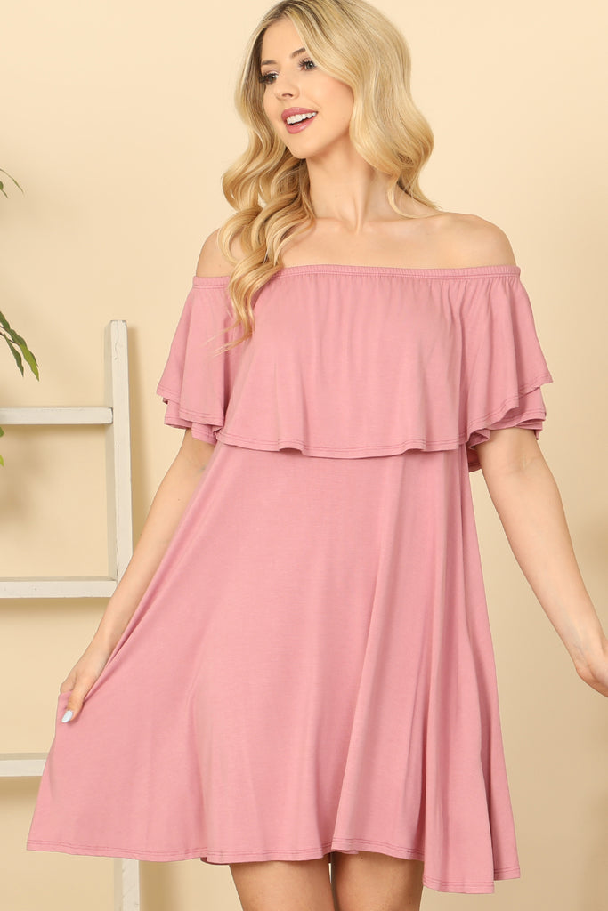 RUFFLE OFF SHOULDER SOLID DRESS