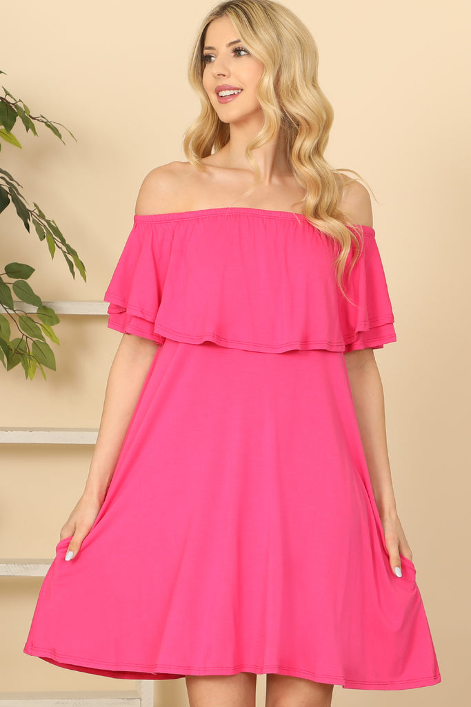 RUFFLE OFF SHOULDER SOLID DRESS