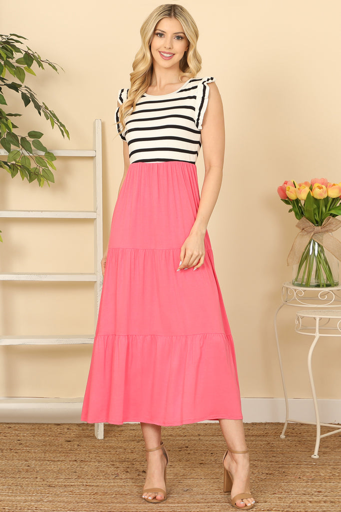 Ruffle Sleeve Stripe Contrast Solid Dress