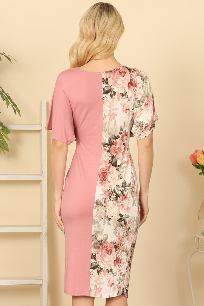 V-NECK TWIST DETAIL COLOR BLOCK SOLID FLORAL DRESS