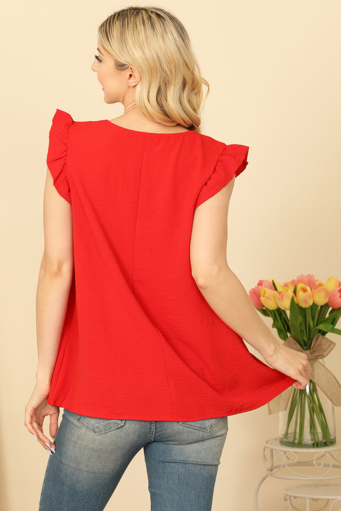 RUFFLE SLEEVE ROUND NECK SOLID TOP