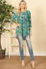 QUARTER SLEEVE PLEATED CURVE LONG BACK HEM PRINTED TOP