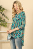 QUARTER SLEEVE PLEATED CURVE LONG BACK HEM PRINTED TOP
