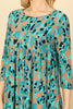 QUARTER SLEEVE PLEATED CURVE LONG BACK HEM PRINTED TOP
