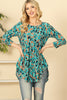 QUARTER SLEEVE PLEATED CURVE LONG BACK HEM PRINTED TOP