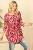 QUARTER SLEEVE PLEATED CURVE LONG BACK HEM PRINTED TOP