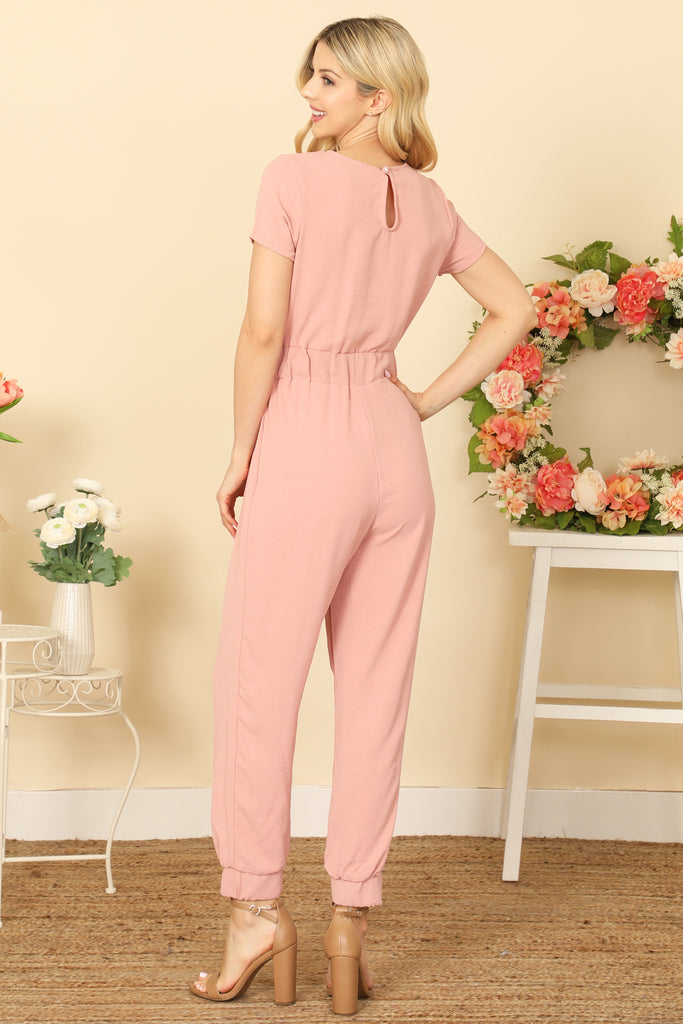 SHORT SLEEVE V-NECK SOLID JUMPSUIT