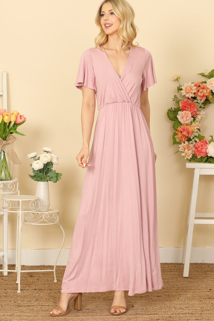 BELL SLEEVE SURPLICE NECK PLEATED WAIST SOLID MAXI DRESS