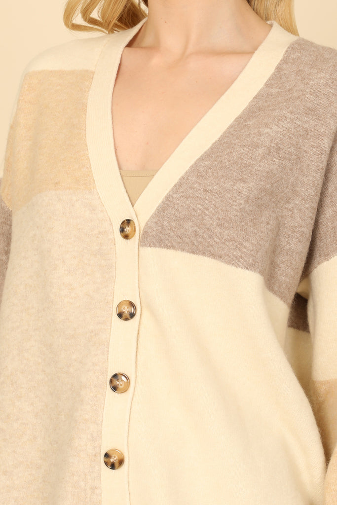 V-Neck Color Block Button Detail Sweater