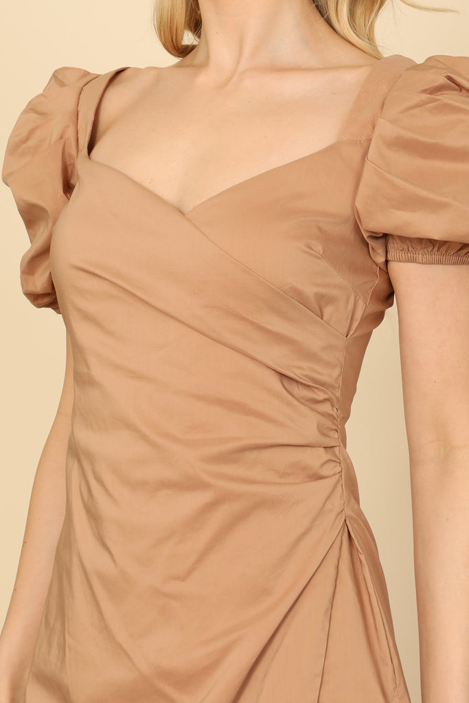 Puff Shirt Sleeve Side Ruched Wrap Detail Mini Dress