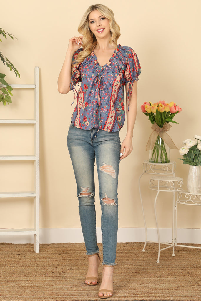 Ruffle V-Neck Tie Detail Puff Sleeve Floral Top