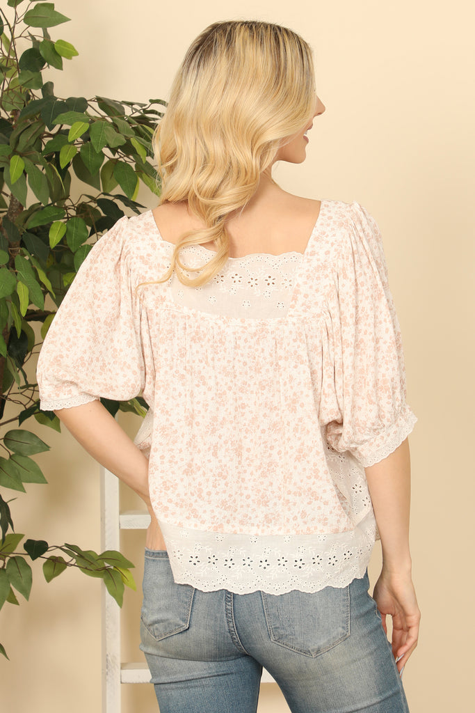 Puff Sleeve Lace Detail Printed Top