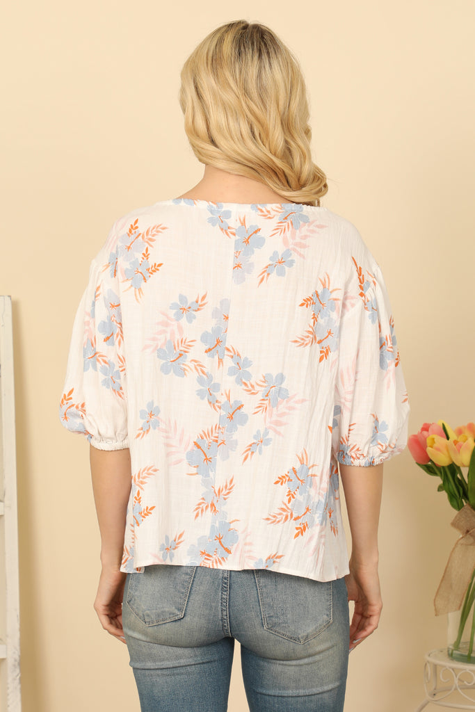 Puff Sleeve Boat Neck Pleated Detail Floral Top