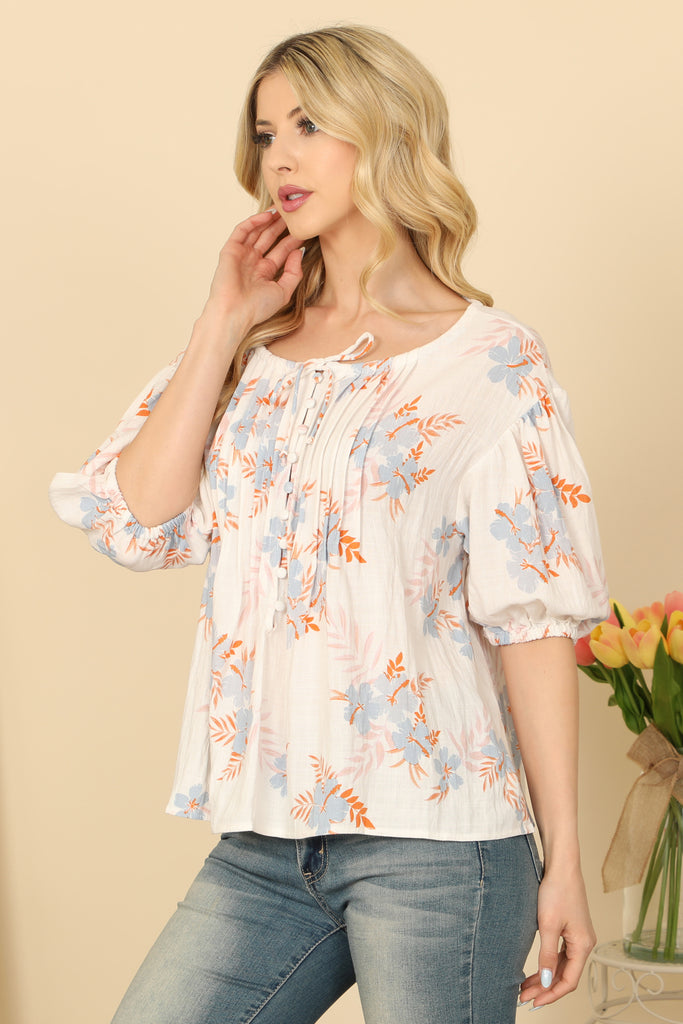 Puff Sleeve Boat Neck Pleated Detail Floral Top